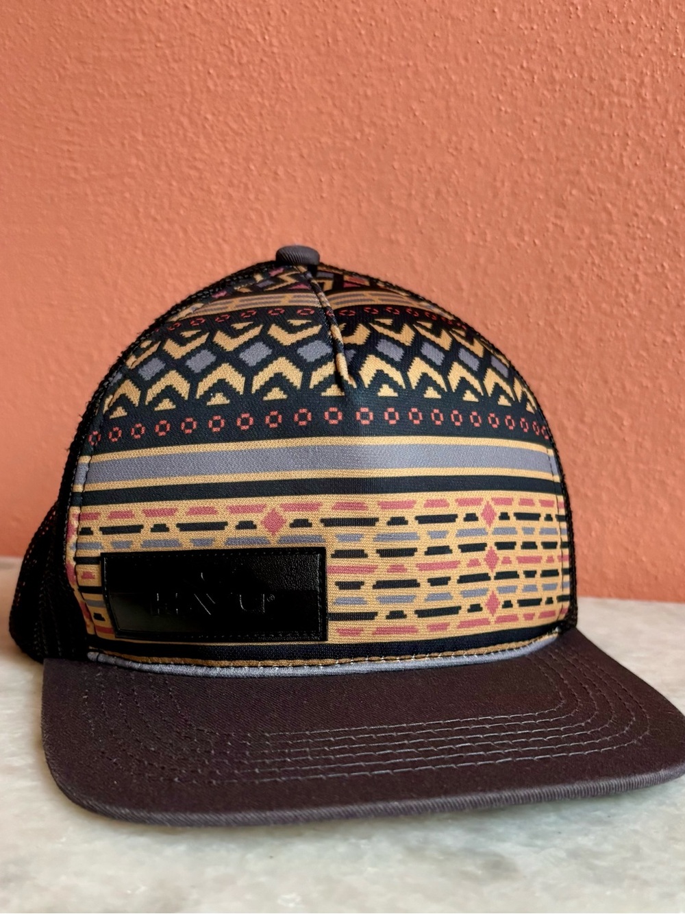Kavu Patterned Trucker Hat in Mustard and Brown - Picture 1 of 5